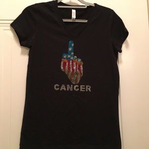 Cancer Middle Finger Womens V Neck T Shirt Tee Bling Sparkly Black Large NWT